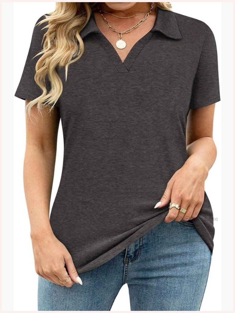 Plus Size Collared Polo Shirts Short Sleeve V Neck Business Tops Tunics